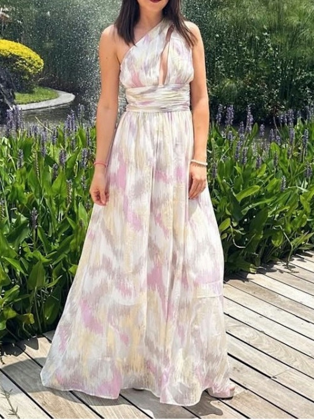NWT BCBGMAXAZRIA One Shoulder Metallic Watercolor Maxi Gown size 8